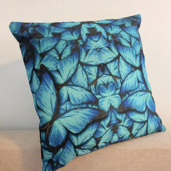 Kussenhoes blauwe vlinders. Mooie vlinders kussenhoes turquoise blauw zwart. Decoratieve kussensloop, mooie sierkussenhoes 45x45