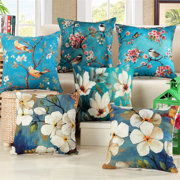Kussenhoes blauw met witte bloesem. Decoratieve kussensloop blauw. Sierkussenhoes bloemen 45x45 Stijl 2