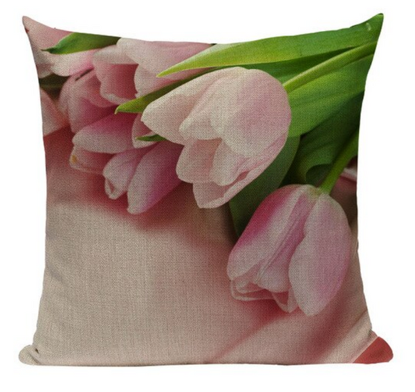 Kussenhoes Tulpen / Kussensloop bloemen Tulpen.  Sierkussensloop groen,creme, roze.  Bloemen kussensloop Sierkussenhoes  45x45  stijl 1