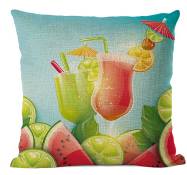Kussenhoes fruit en cocktails. Kussen hoes zommer thema / kussensloop strand thema 45x45