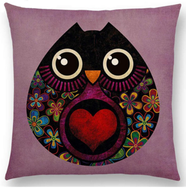 Kussenhoes paars, roze, rood, zwart. Kussenhoes Uil met haartje. Sierkussenhoes / kussensloop 45x45