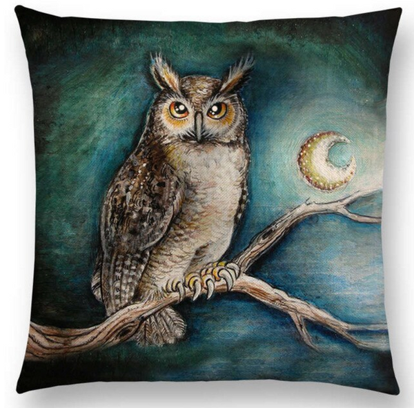 Kussenhoes Uil en Maan. Kussenhoes blauw, bruin, creme. Sierkussenhoes 45x45