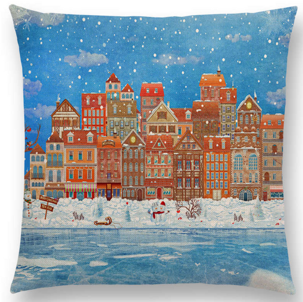 Kussenhoes blauw, oranje, wit. Kussenhoes huizen aan een kanaal. Winter thema sierkussenhoes 45x45