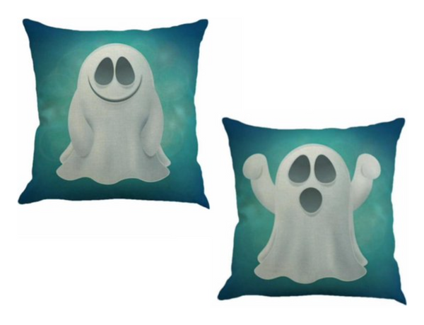 Kussenhoes blauw, turquoise, wit. Kussenhoes grappige print Spookje. Leuke kussenhoes voor kinderkamer. 45x45. SET van 2.