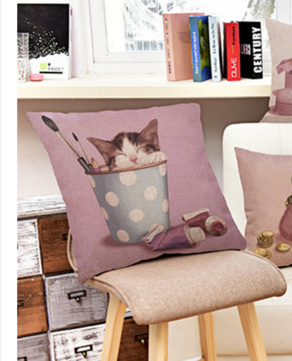 Kussenhoes schattige kat. Roze kussenhoes lieve poes. Kussenhoes voor meisje of dame. 45x45