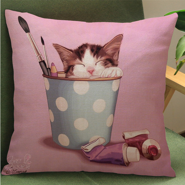 Kussenhoes schattige kat. Roze kussenhoes lieve poes. Kussenhoes voor meisje of dame. 45x45