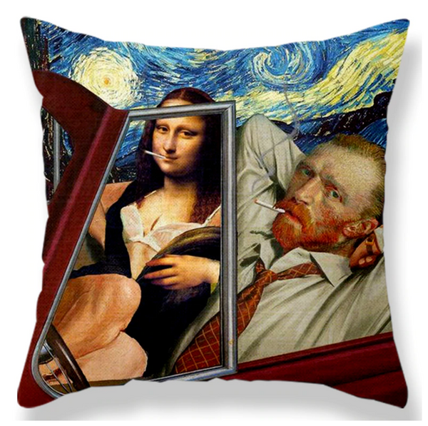 Vincent Van Gogh en Mona Lisa meme op kussenhoes. Grappige meme kussenhoes. Mona Lisa grappige foto op kussenhoes. Stijl 2