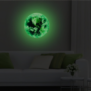 Glow in the dark GROTE Muursticker Aarde. Lichtgevende sticker planeet Aarde, diameter 30 cm