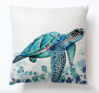 Kussenhoes Creme met blauwe schildpad. Decoratieve kussensloop schildpad creme, blauw. Sierkussenhoes zee thema 45x45