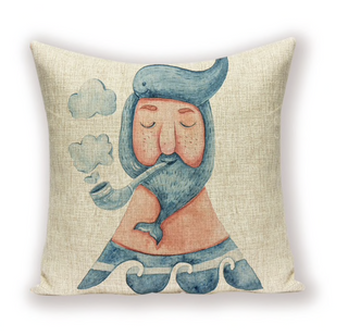 Kussenhoes Creme met blauw. Grappige kussenhoes zee theme. Decoratieve kussensloop creme, blauw. Sierkussenhoes grappige zeeman 45x45