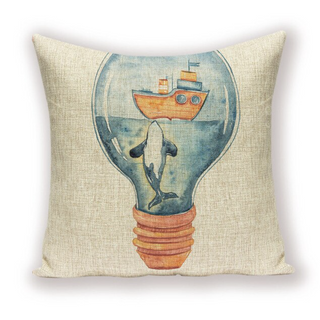 Kussenhoes creme met grappige tekening. Decoratieve kussensloop creme, blauw. Sierkussenhoes zee theme 45x45 stijl 1