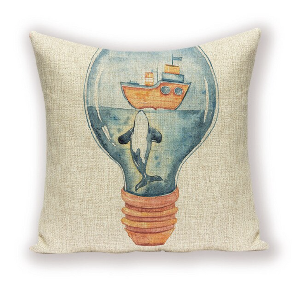 Kussenhoes creme met grappige tekening. Decoratieve kussensloop creme, blauw. Sierkussenhoes zee theme 45x45 stijl 1