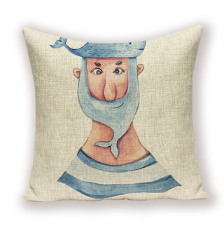 Kussenhoes Creme met blauwe tekening. Decoratieve kussensloop creme, blauw. Sierkussenhoes grappige zeeman 45x45 stijl 2
