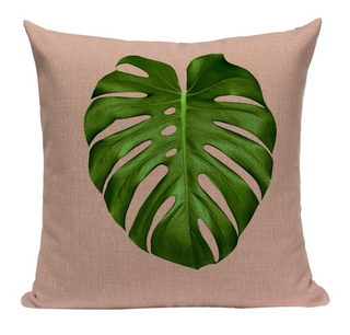 Kussenhoes roze, groen. Decoratieve kussensloop tropische bladeren. Sierkussenhoes tropische planten 45x45 stijl 2