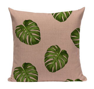 Kussenhoes roze, groen. Decoratieve tropische bladeren. Sierkussenhoes tropische planten 45x45 stijl 1