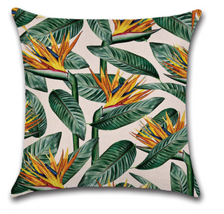 Kussenhoes Plant Strelitzia / Kussensloop Tropische Planten.  Sierkussensloop groen,creme, oranje. Sierkussenhoes regenwoud 45x45