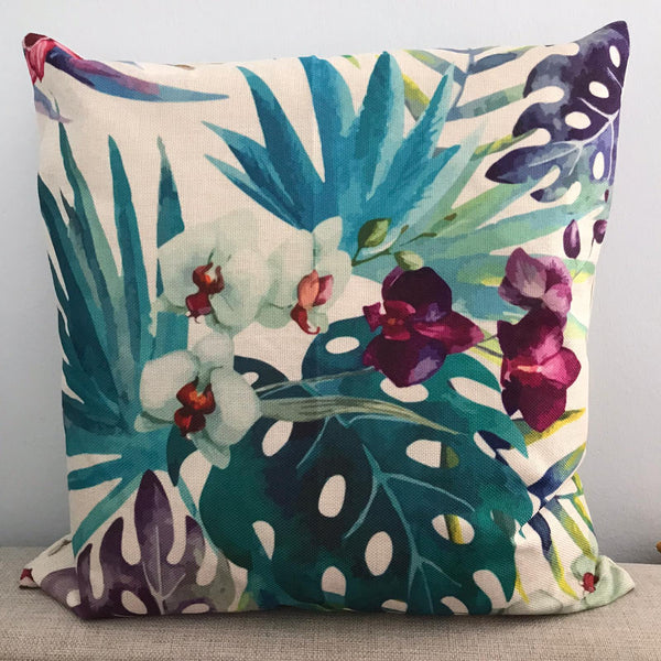 Kussenhoes creme groene bladeren en paarse bloemen. Orgideeën kussenhoes 45x45