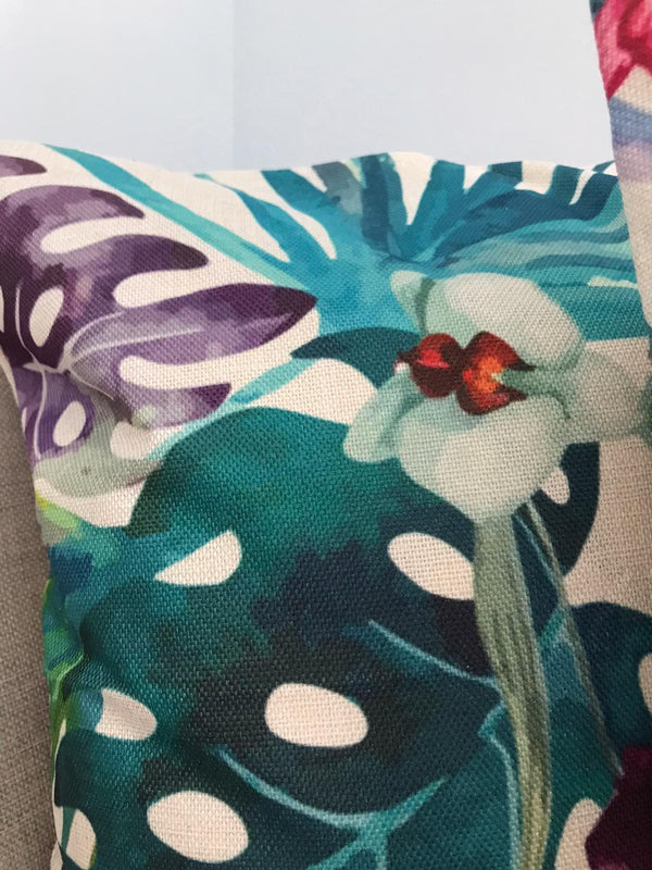 Kussenhoes creme groene bladeren en paarse bloemen. Orgideeën kussenhoes 45x45