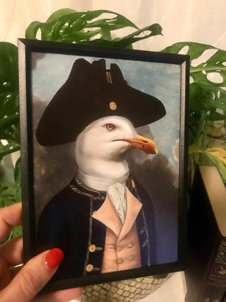 Schilderij Admiraal Meeuw. Schilderij meeuw pak. Vogel in kleding grappige schilderij in lijst 13x18
